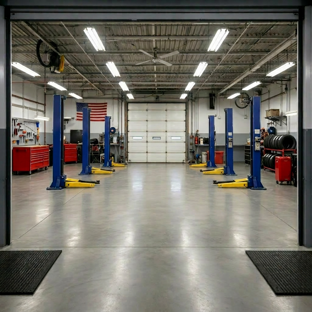 Empty auto repair garage with four blue vehicle lifts, tools, and an American flag