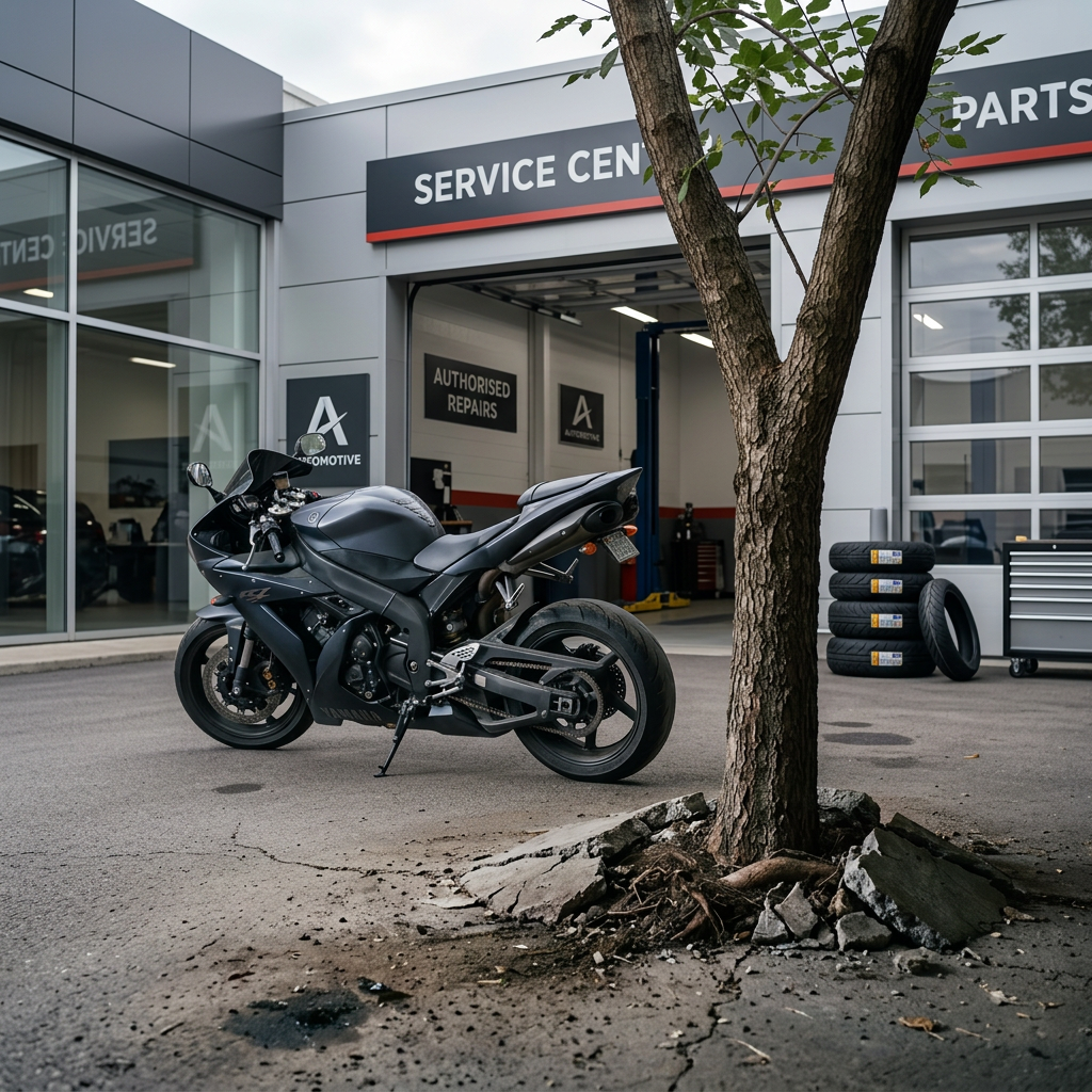Motorcycle parked next to a tree growing inside a concrete garage