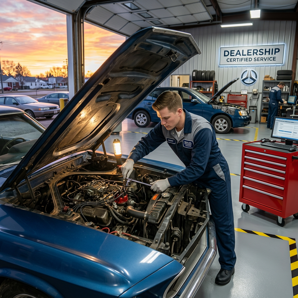Mechanic wearing protective glasses and gloves working on a car engine under an open hood in a garage at sunset